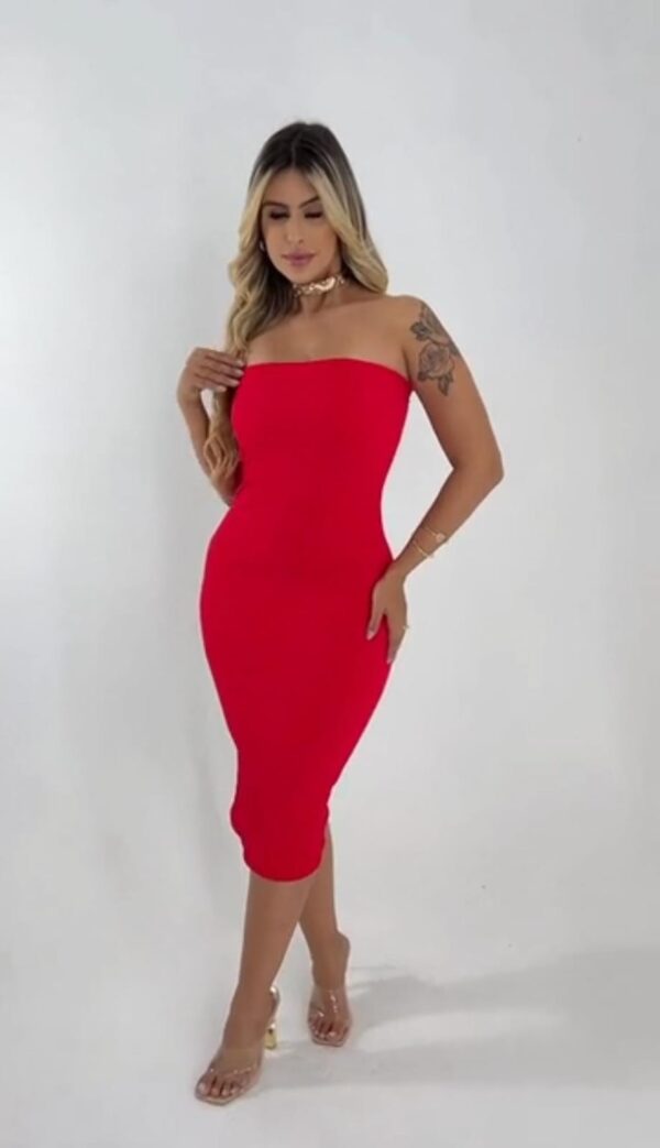 S.H Vestido Feminino Midi Vermelho Elegante Tubinho Tomara que Caia Moda