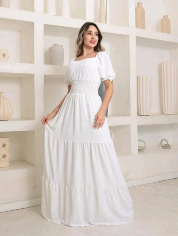 Vestido Longo Luxo duna pipoca manga curto ombro